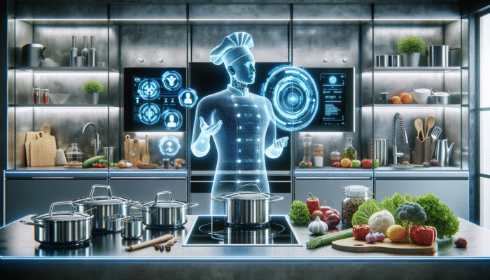 A futuristic kitchen with an AI holographic chef displaying recipes on a transparent screen, surrounded by high-tech appliances and fresh ingredients.