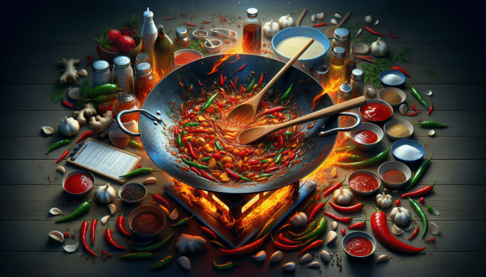 A vibrant wok with sizzling garlic, ginger, and chilies, blending into a glossy chili sauce in a Singaporean kitchen.