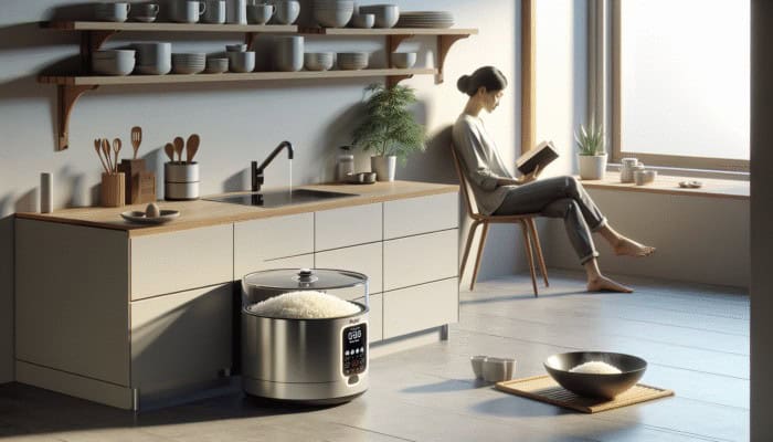 Why a Rice Cooker Simplifies Dinner Prep: Modern rice cooker autonomously cooking fluffy rice, person relaxing with a book.