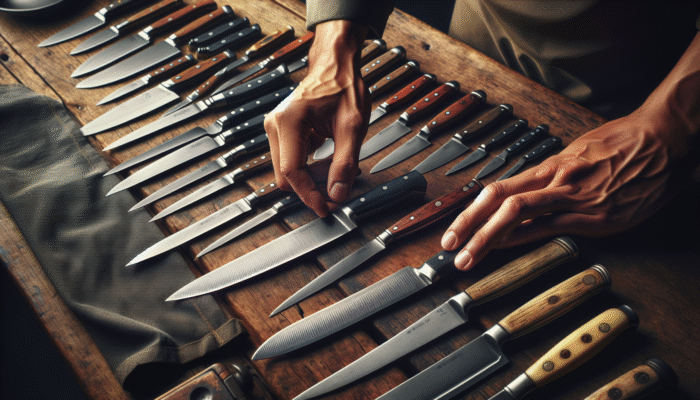 Top Knife Sets for Beginner Cooks: A chef's hand choosing a high-carbon stainless steel knife from a set on a rustic table.