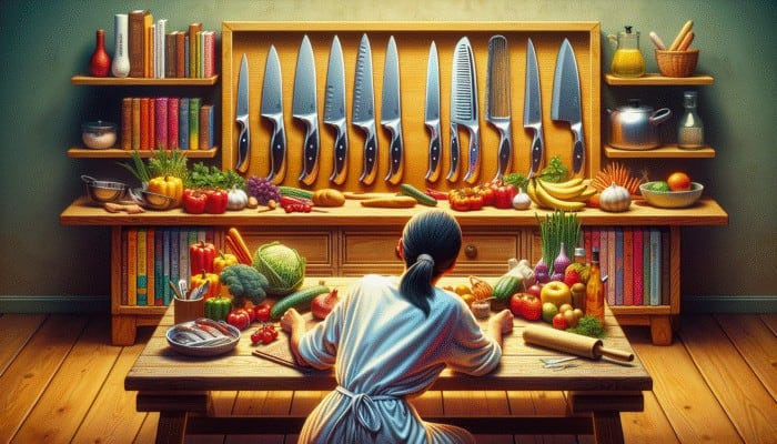 A beginner cook admiring an affordable knife set on a wooden table with fresh ingredients and cookbooks.