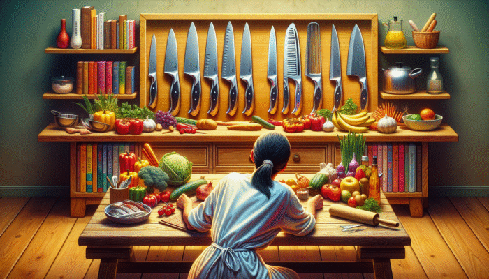 A beginner cook admiring an affordable knife set on a wooden table with fresh ingredients and cookbooks.