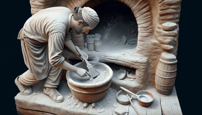 Top Tips for Cooking with a Clay Oven: A person cleaning a clay oven's interior with a brush and baking soda paste in a rustic kitchen.