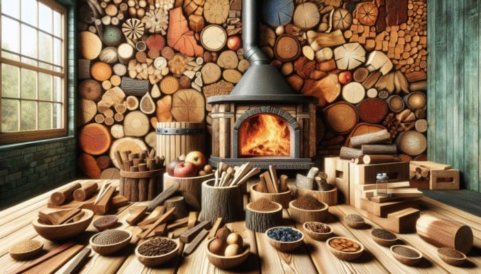 A rustic kitchen with oak, hickory, mesquite, and fruitwoods around a wood-fired oven, enhancing dish flavors.