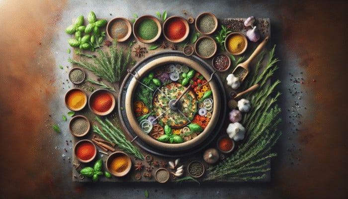 A rustic clay oven with fresh herbs and bowls of spices enhancing a sizzling dish.