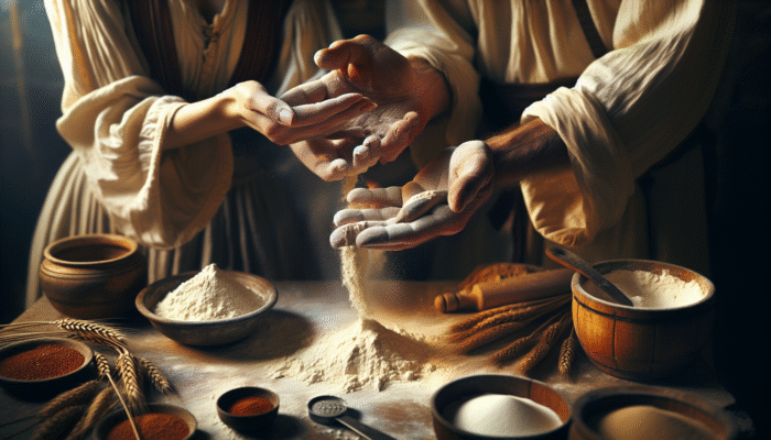 How to Measure Ingredients Without Tools: Hands scooping flour and sugar in a rustic kitchen, measuring intuitively without cups.