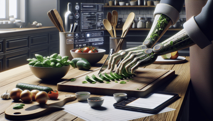 A person using finger segments to measure and chop basil into uniform strips in a kitchen.