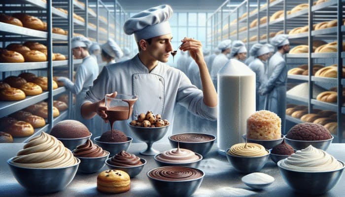 French pastry chef assessing dough texture in a bustling bakery, surrounded by flour and sugar.