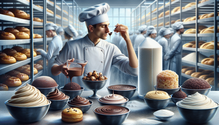 French pastry chef assessing dough texture in a bustling bakery, surrounded by flour and sugar.