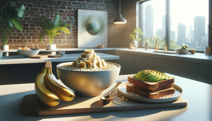 Best Carb-Cycling Recipes for Fitness: Oatmeal with sliced bananas and whole grain toast with avocado on a modern kitchen counter.