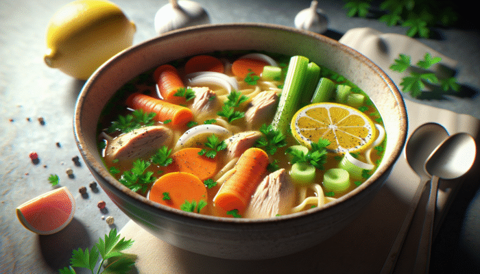Top Chicken Noodle Soup Recipes for Cold: A steaming bowl of chicken noodle soup with chicken, carrots, celery, onions, thyme, parsley, lemon, and black pepper.