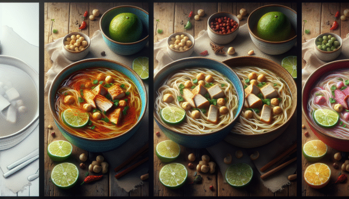 A steaming bowl of chicken noodle soup with Mexican, Asian, and vegan variations on a rustic table.