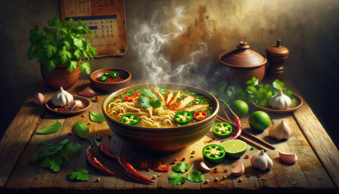 A steaming bowl of spicy chicken noodle soup with jalapeños, ginger, garlic, cilantro, and lime, on a cozy rustic setting.