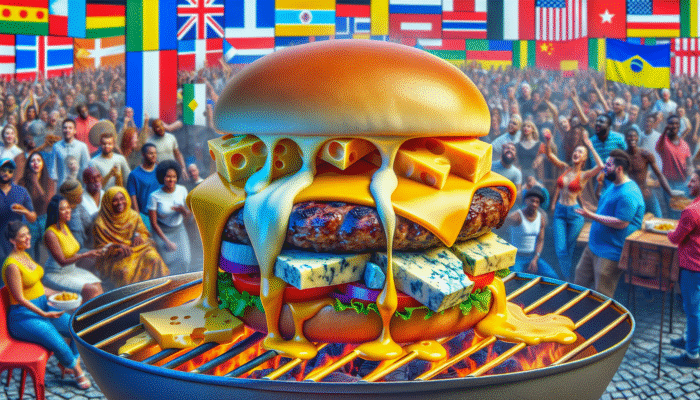 Best Memorial Day Burger Recipes: A sizzling cheeseburger with melting aged cheddar, brie, and blue cheese at a global barbecue.