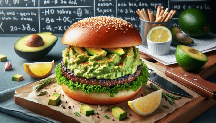 Juicy beef burger with creamy avocado smash, lemon, garlic, on a toasted bun with lettuce.