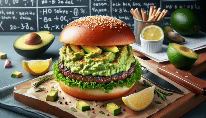 Juicy beef burger with creamy avocado smash, lemon, garlic, on a toasted bun with lettuce.