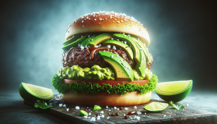 Juicy beef burger with creamy smashed avocado, sea salt, lime, on a fresh bun with lettuce.