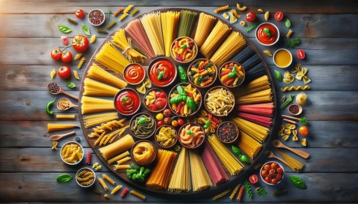 A colorful display of spaghetti, penne, and fusilli with their ideal sauces on a rustic wooden table.