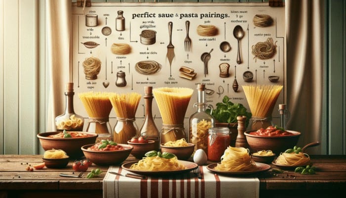 A rustic Italian table with tagliatelle and meat ragu, angel hair and light tomato sauce, showcasing perfect pairings.