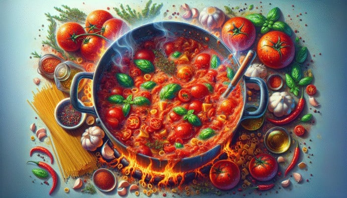 Bubbling pot of rich tomato sauce with diced tomatoes, garlic, herbs, and chili flakes, simmering beside cooking pasta.