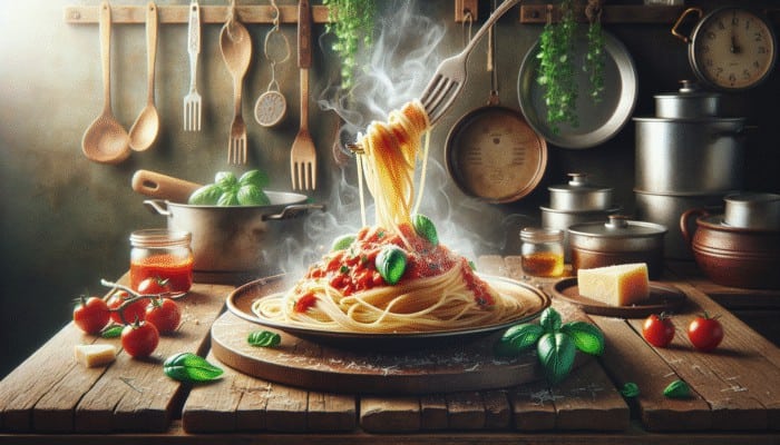 A steaming plate of spaghetti with marinara sauce, basil, and parmesan, set in a rustic Italian kitchen.