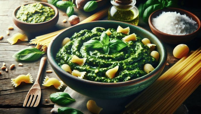 Freshly made pesto sauce with basil, pine nuts, and Parmesan over trofie and gnocchi on a rustic Italian table.