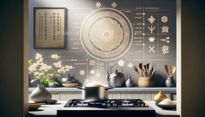 How to Cook Rice Without Stress: A pot of steaming rice on a stove in a serene kitchen, with cooking instructions on a chalkboard.