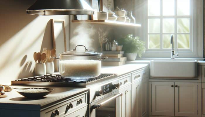 A serene kitchen with a glass pot of steaming, perfectly cooked rice on a modern stove.