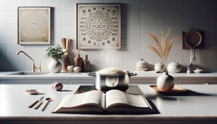 A clear pot of perfectly cooked rice on a stove in a serene kitchen, with a guidebook open to rice cooking instructions.