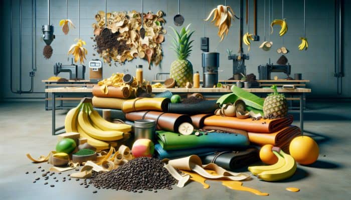 Banana peels, coffee grounds, and pineapple leaves turned into vibrant vegan leather in a sustainable workshop.