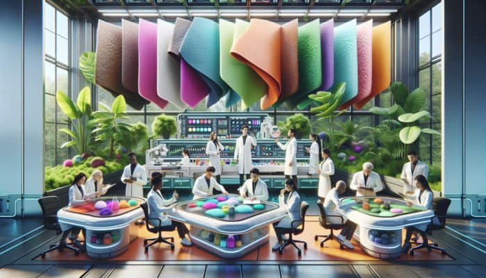 Scientists in a futuristic lab cultivating mycelium into eco-friendly vegan leather sheets with diverse textures and colors.
