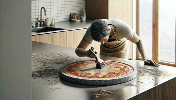 How to Use a Pizza Stone at Home: A person cleaning a pizza stone with a dry brush to remove burnt remnants for a perfect crust.