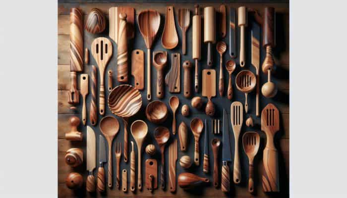 How to Care for Wooden Kitchen Utensils: Kitchen utensils made from maple, beech, and walnut on a rustic table, showing durability and grain patterns.