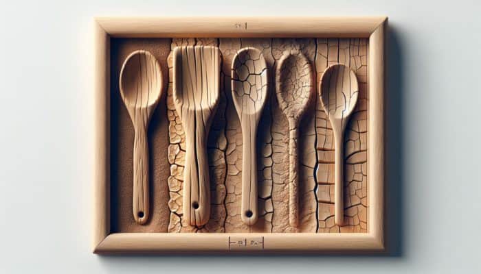 Wooden kitchen utensils showing effects of moisture: warped, brittle, and ideally balanced at 6-8%.