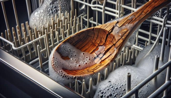 Wooden spoon cracked and warped next to running dishwasher, showing damage from heat and moisture.