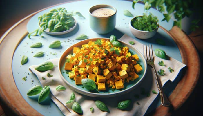 Best Plant-Based Protein Recipes: Golden turmeric tofu scramble with fresh parsley and basil on a colorful plate.