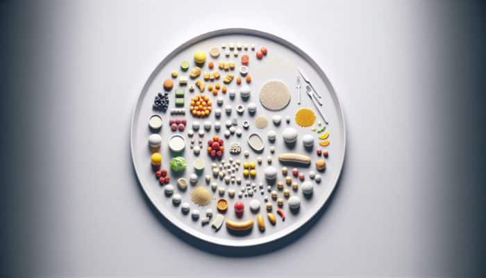 A minimalist plate with food items elegantly spaced, enhancing vibrancy and appeal through surrounding empty spaces.