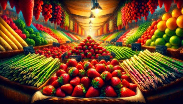 Top Tricks for Colorful Food Displays: A vibrant market stall with ripe red strawberries and fresh green asparagus, showcasing their peak season appeal.