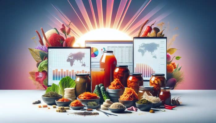 A vibrant still life of kimchi, kombucha, and tempeh with a rising sun backdrop, symbolizing new culinary horizons.