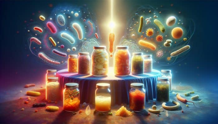 Jars of kimchi, sauerkraut, and miso with glowing probiotic bacteria, symbolizing health and vitality.