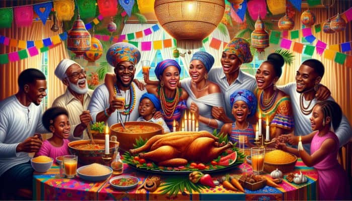 Best Haitian Griot Recipes for Spice: A vibrant Haitian family celebration with marinated, fried pork Griot, colorful decorations, embodying joy and cultural heritage.