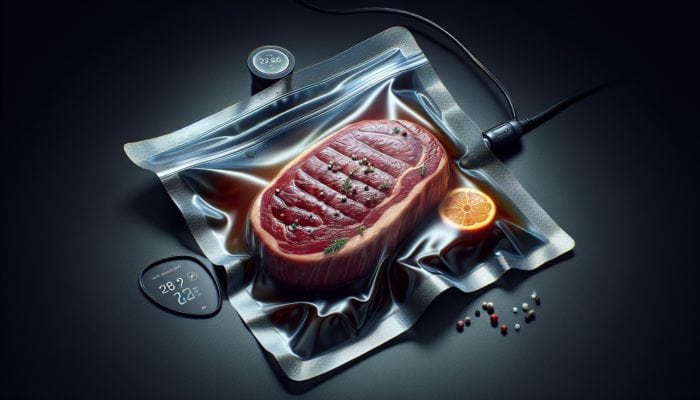 How to Cook Sous Vide Without a Machine: A steak cooked sous vide, tender inside with a seared crust, next to a vacuum-sealed bag and water bath.