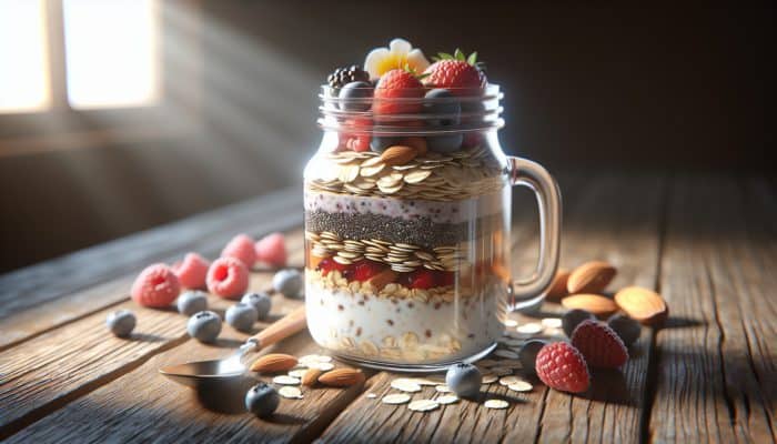 Best Vegan Meal Prep Ideas for Beginners: Jar of overnight oats with berries, chia seeds, and honey on a rustic table in morning sunlight.