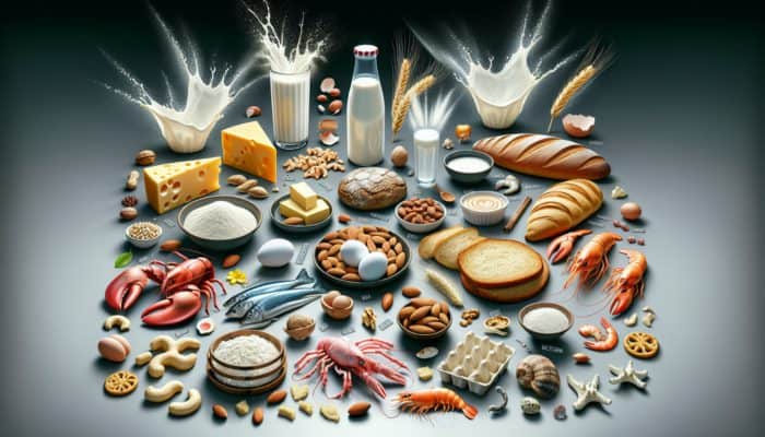 Common food allergens like dairy, nuts, gluten, seafood, eggs on a table with allergy warnings.