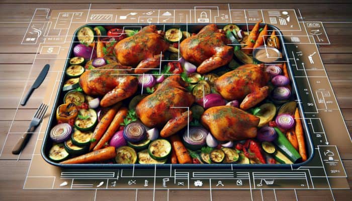 Top Sheet Pan Recipes for Easy Cleanup: Marinated chicken with roasted carrots, zucchini, and red onions on a sheet pan.