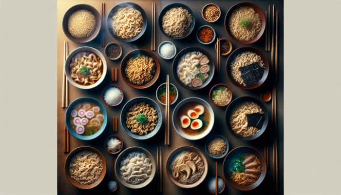 A variety of freshly cooked ramen noodles in bowls, showcasing different textures and colors, with steam and chopsticks.