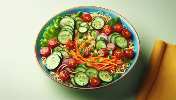 A colorful ramen salad with cold noodles, cucumbers, tomatoes, and carrots in a bowl.
