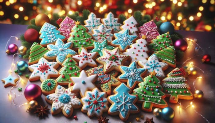 Best Christmas Cookie Recipes for Gifting: Festive sugar cookies in star, tree, and snowflake shapes, decorated with vibrant royal icing on a holiday table.