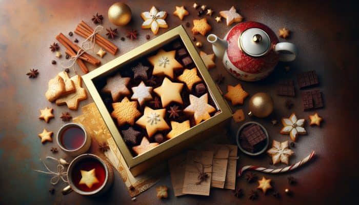 A box of golden shortbread stars, some chocolate-dipped, with a teapot and coffee, festive and warm.