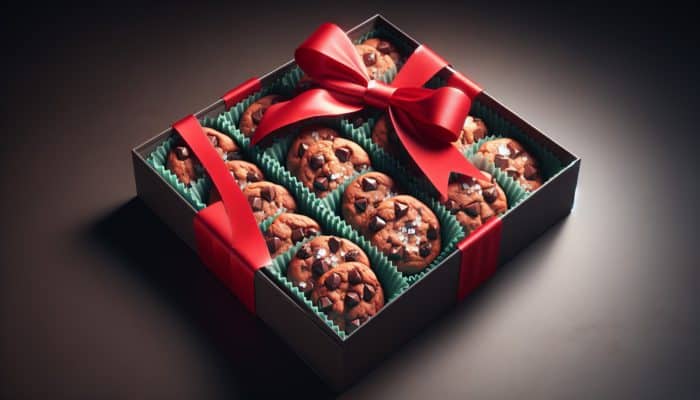 A box of double chocolate chip cookies with gooey centers, crispy edges, and sea salt, tied with a red bow.